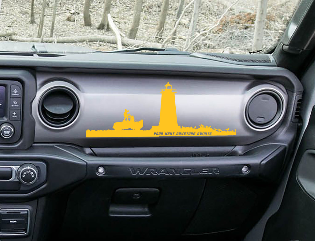Soft pink lighthouse adventure dashboard decal on Jeep JL, lighthouse Jeep and rider artwork