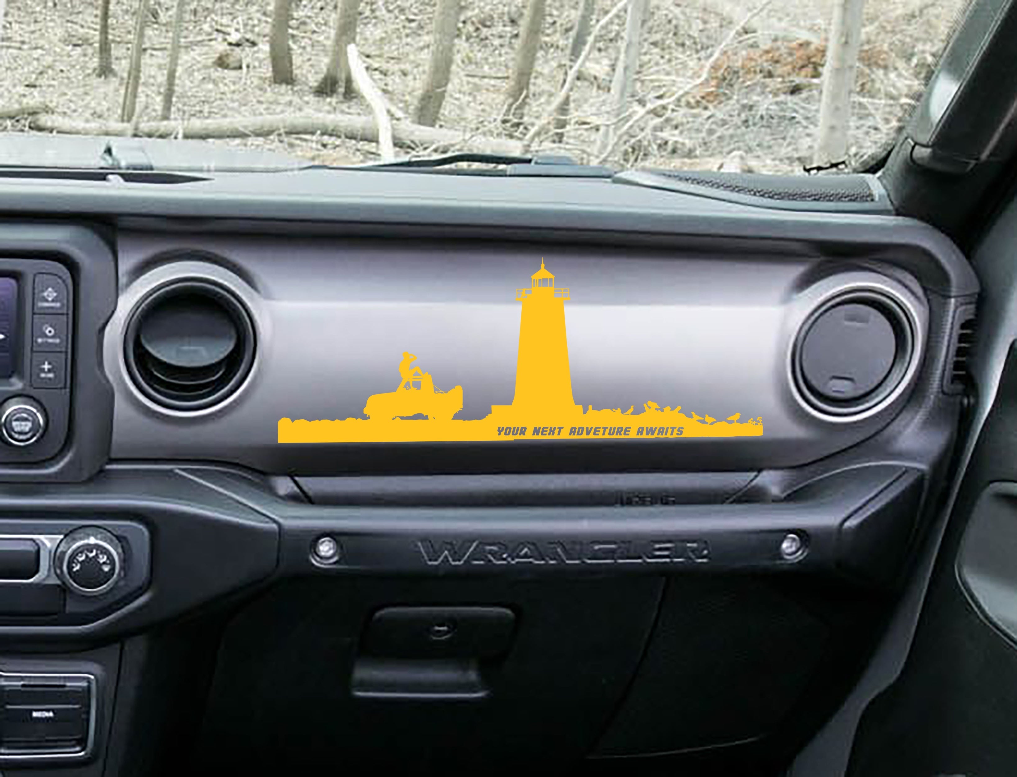 Soft pink lighthouse adventure dashboard decal on Jeep JL, lighthouse Jeep and rider artwork