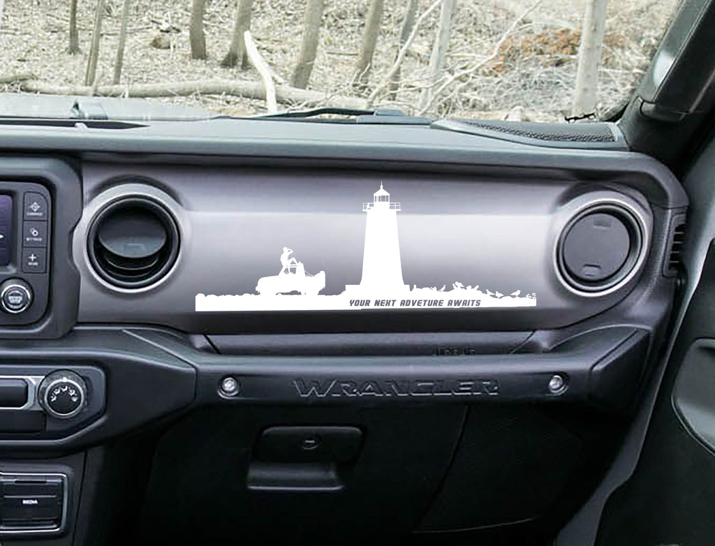 White lighthouse adventure dashboard decal on Jeep JL Wrangler, lighthouse Jeep and rider art