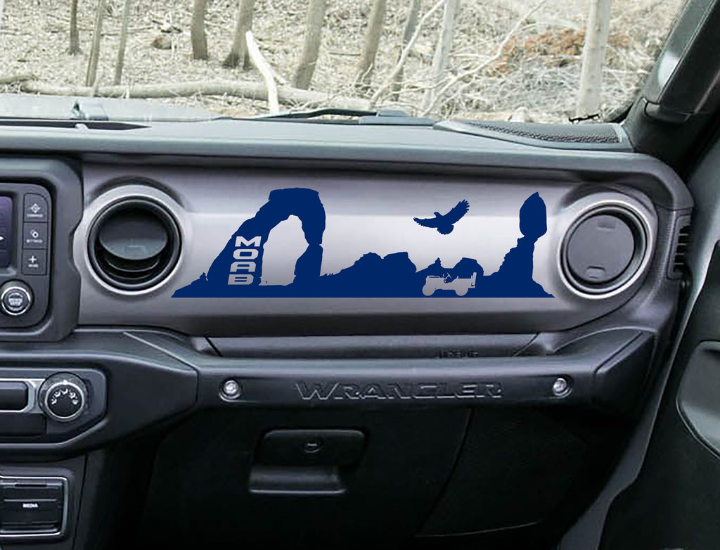 Navy blue MOAB trail desert dashboard decal on Jeep JL, Delicate Arch Jeep and eagle silhouette