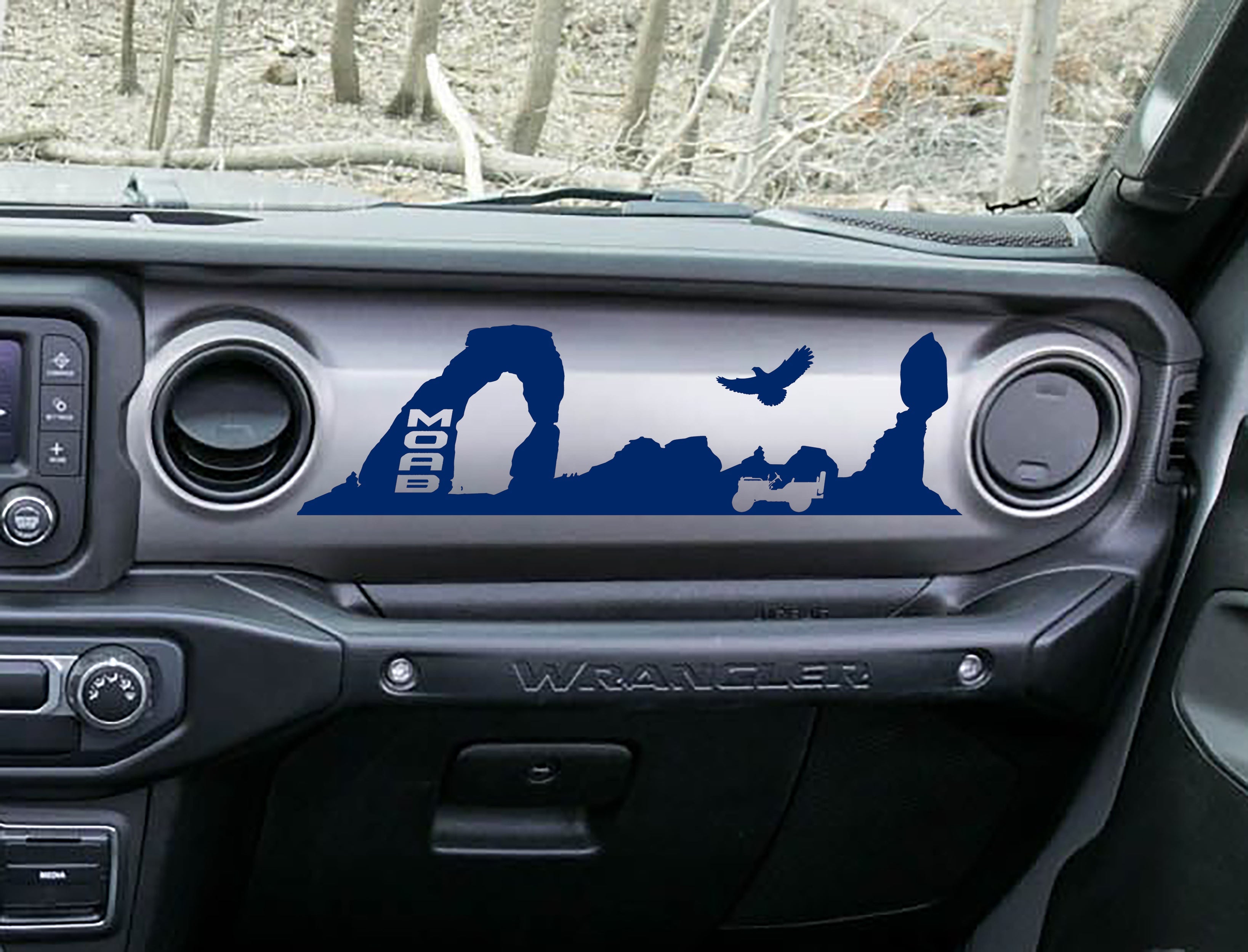 Navy blue MOAB trail desert dashboard decal on Jeep JL, Delicate Arch Jeep and eagle silhouette