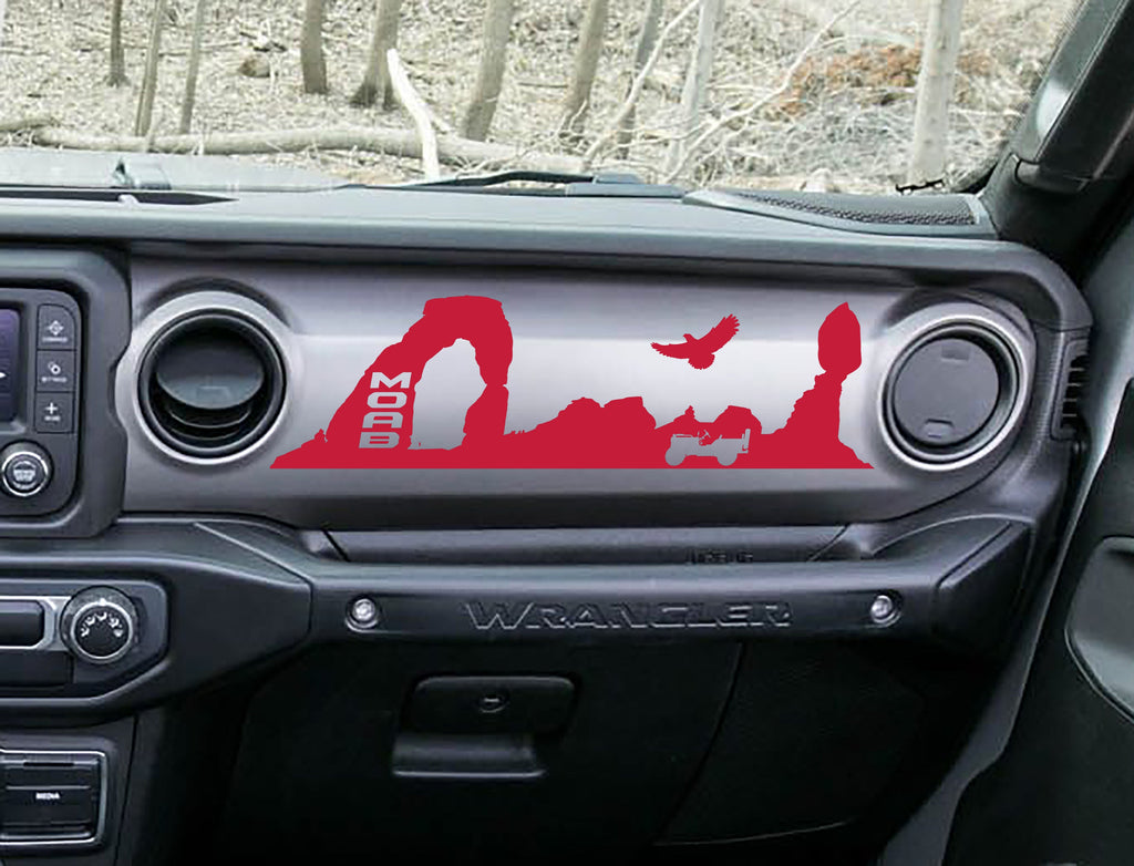 Red MOAB trail desert dashboard decal on Jeep JL, Delicate Arch Jeep and eagle silhouette art