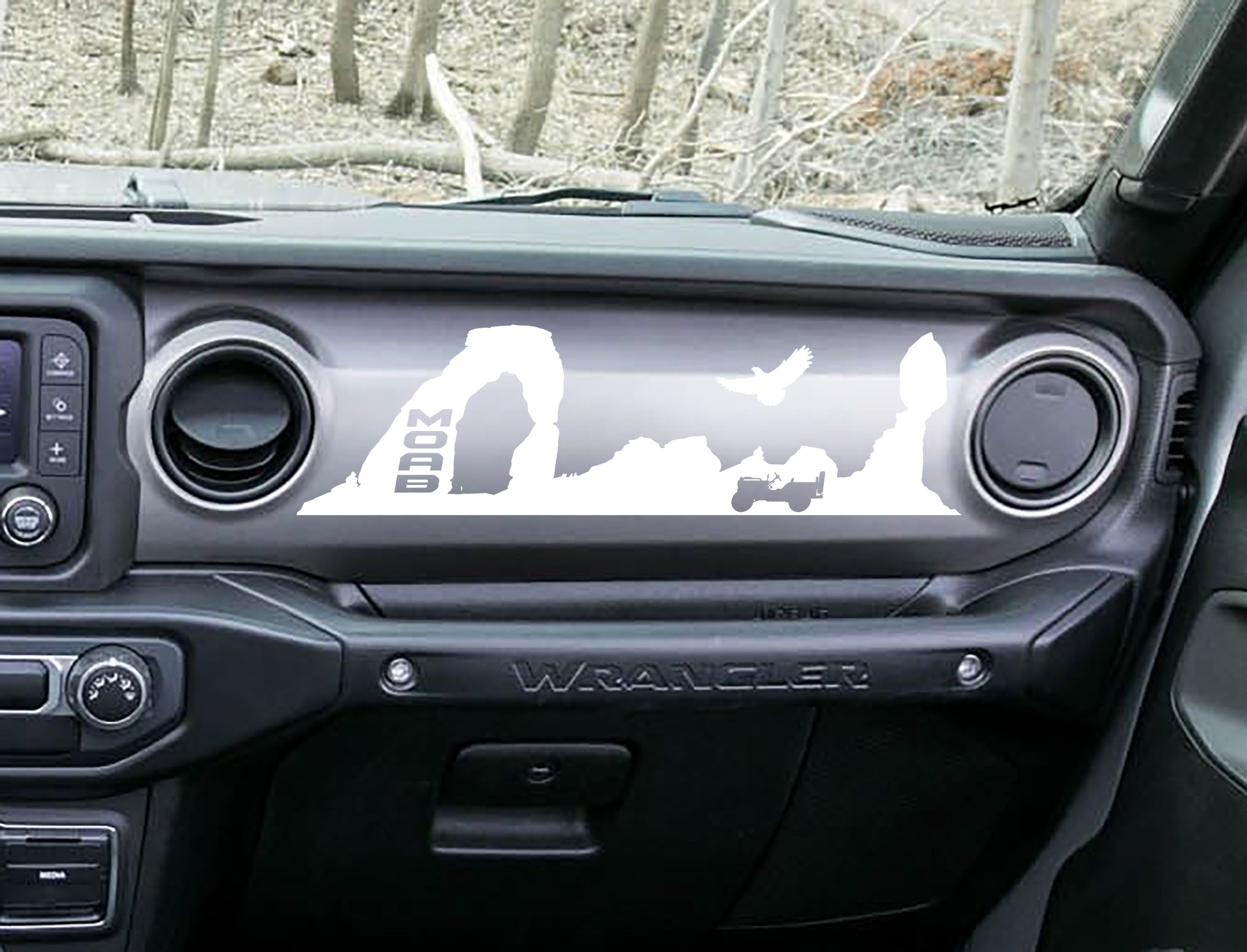 White MOAB trail desert dashboard decal on Jeep JL Wrangler, Delicate Arch Jeep eagle silhouette