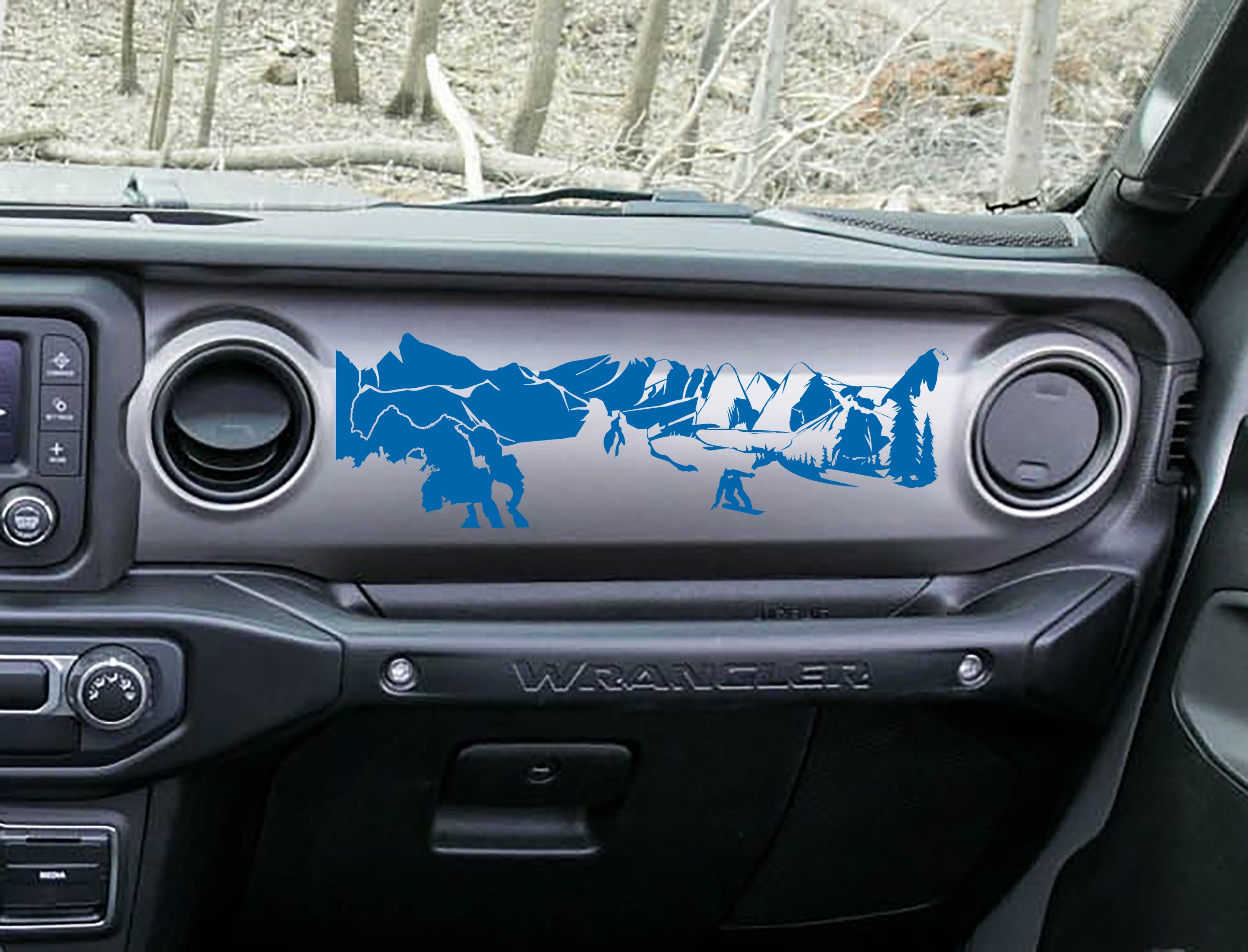 Azure blue snowboarder mountain dashboard decal on Jeep JL, snowboarder peaks pines artwork