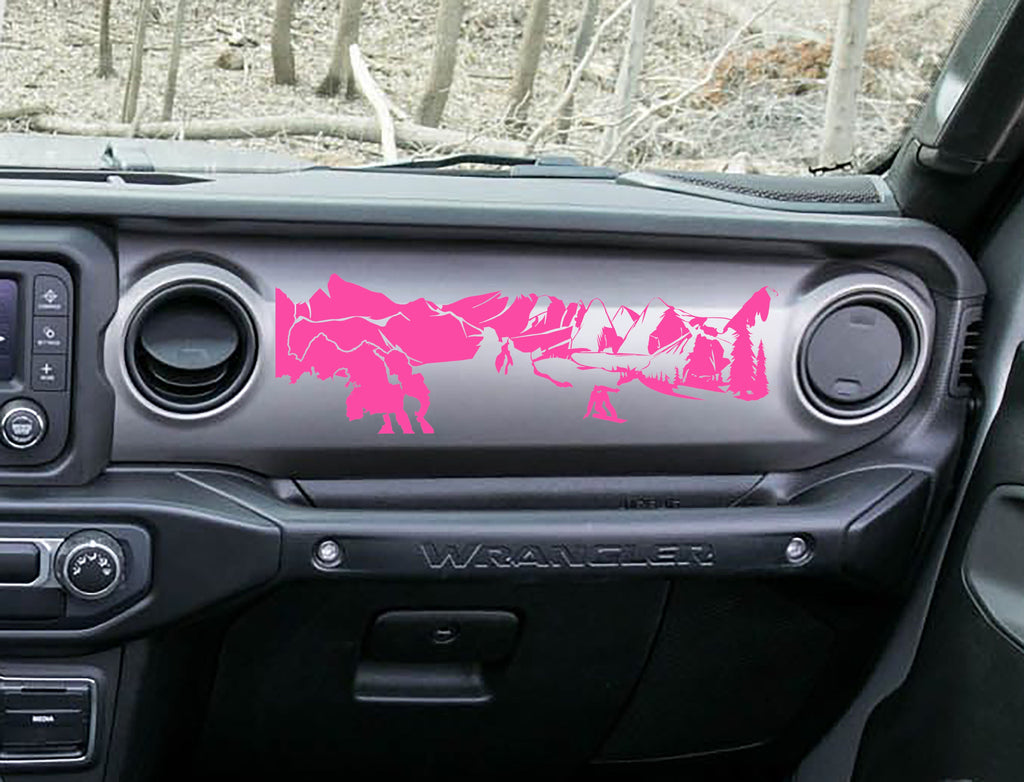 Pink snowboarder mountain dashboard decal on Jeep JL Wrangler, snowboarder peaks pines artwork