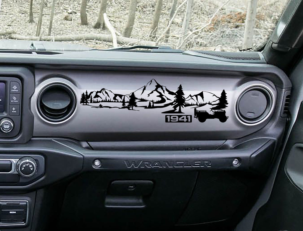 Black 1941 Willys mountain dashboard decal on Jeep JL, mountains pines Willys silhouette art