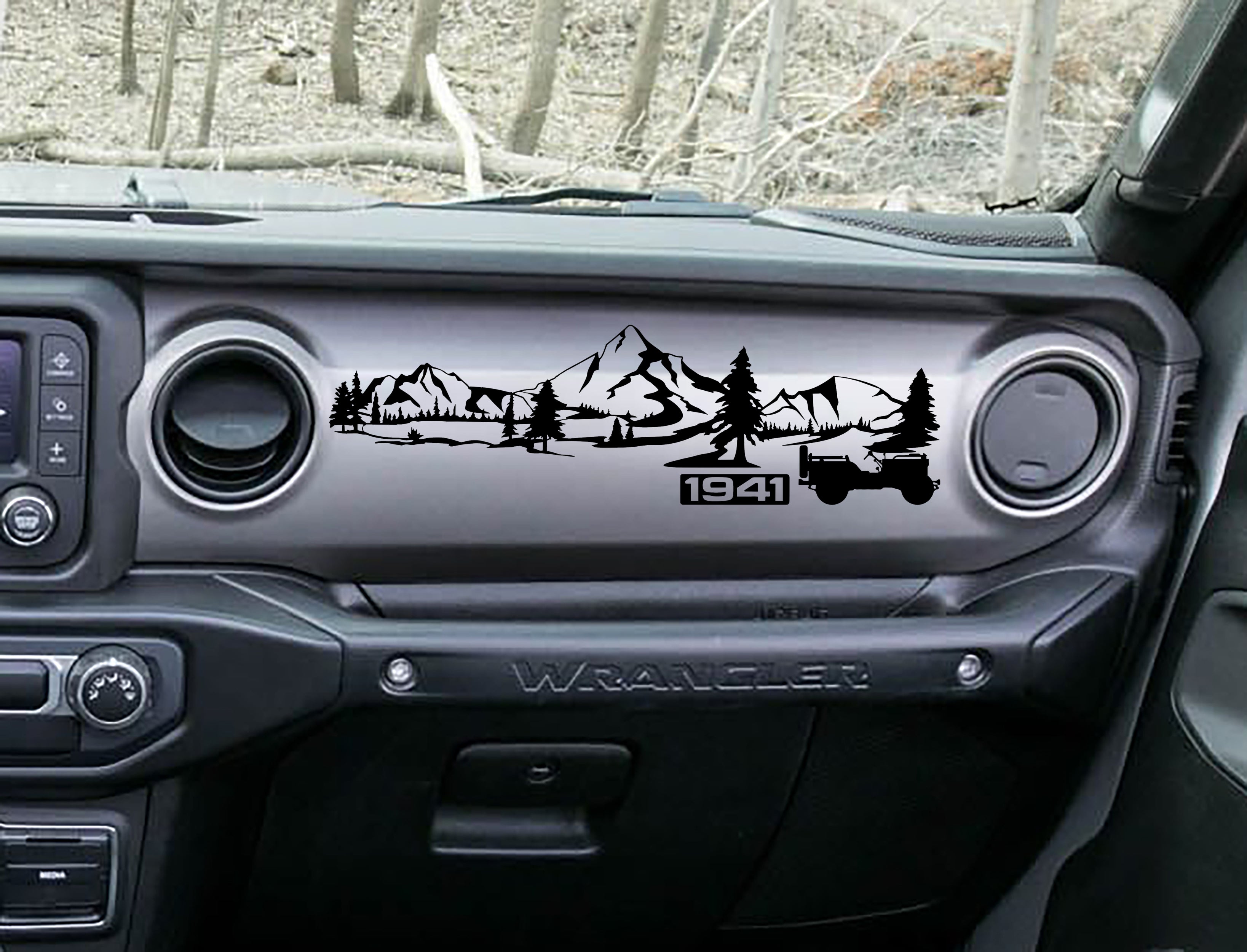Black 1941 Willys mountain dashboard decal on Jeep JL, mountains pines Willys silhouette art