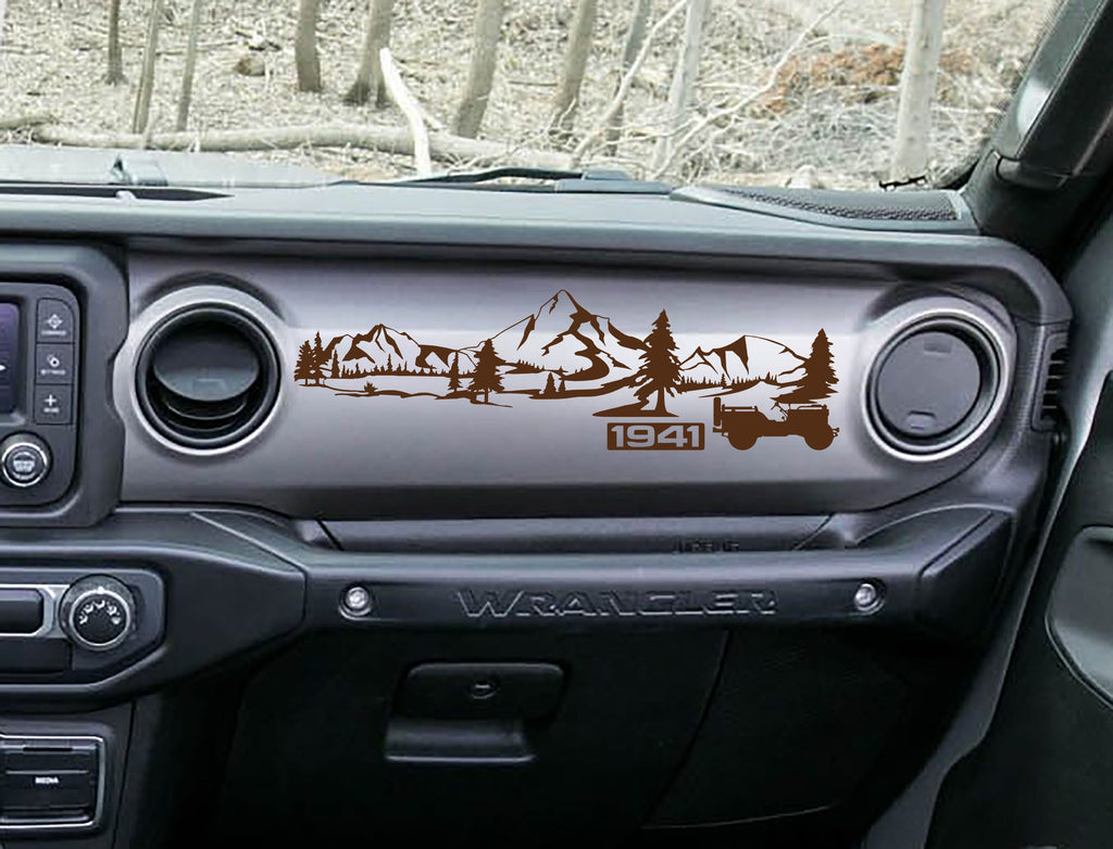 Charcoal 1941 Willys mountain dashboard decal on Jeep JL, mountains pines and Willys silhouette