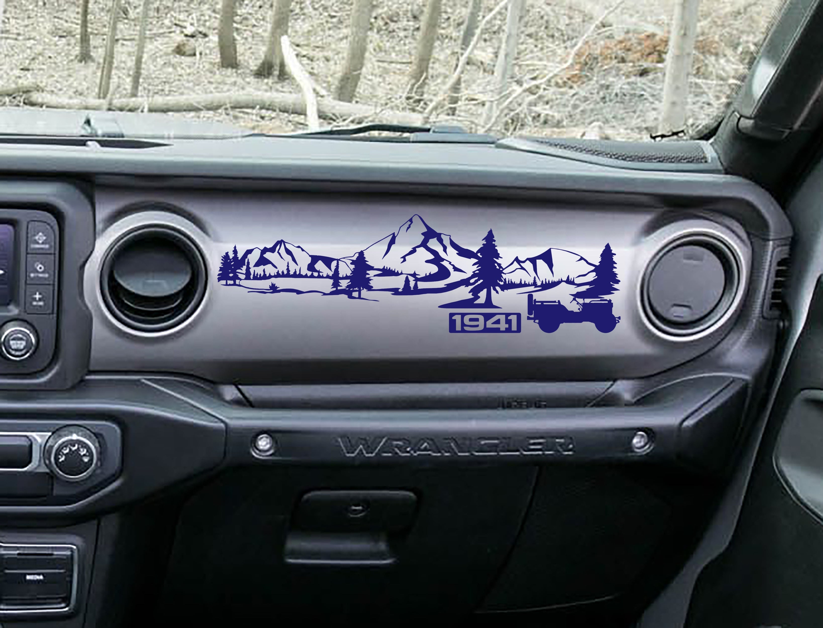 Purple 1941 Willys mountain dashboard decal on Jeep JL, mountains pines and Willys silhouette