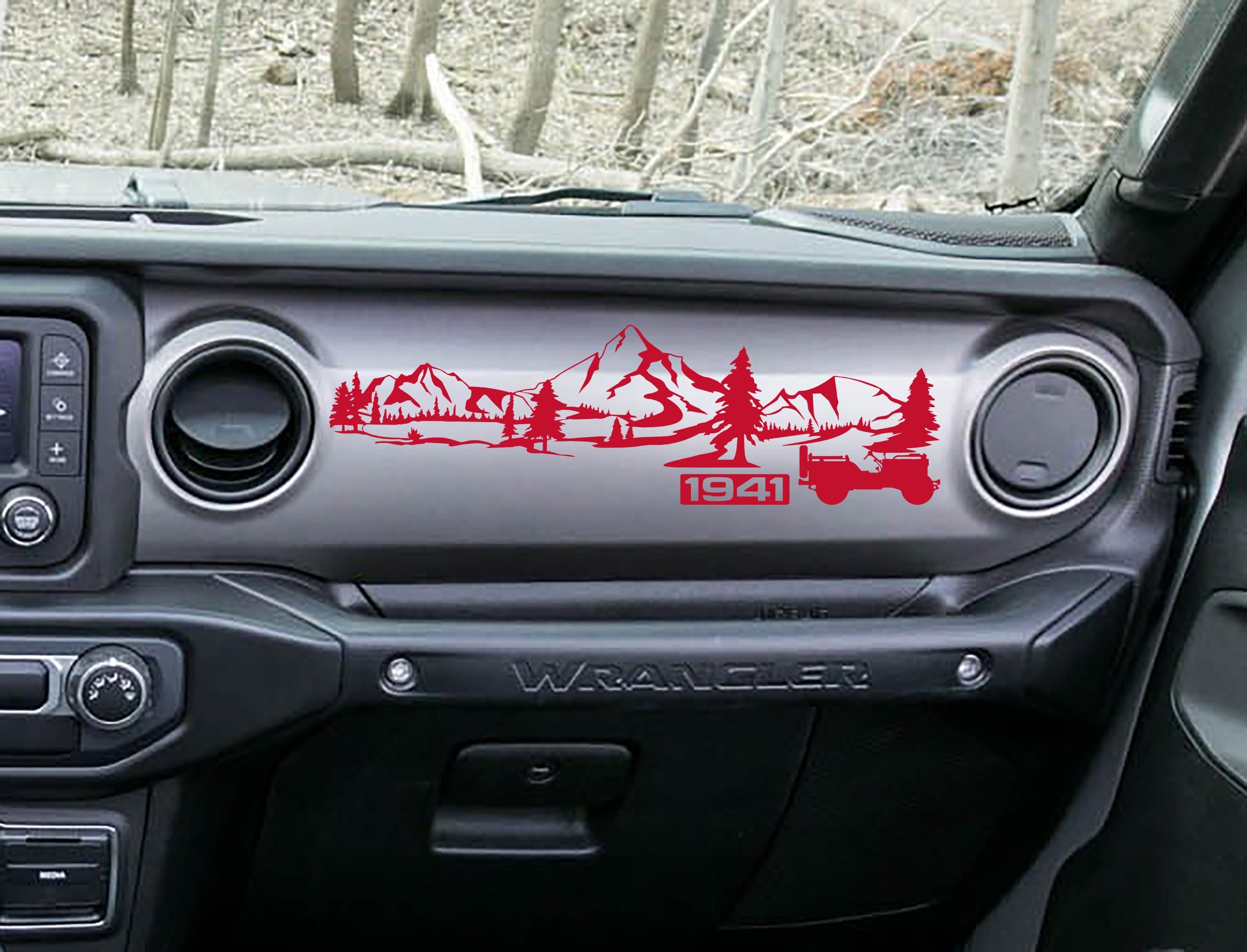 Red 1941 Willys mountain dashboard decal on Jeep JL, mountains pines and Willys silhouette art