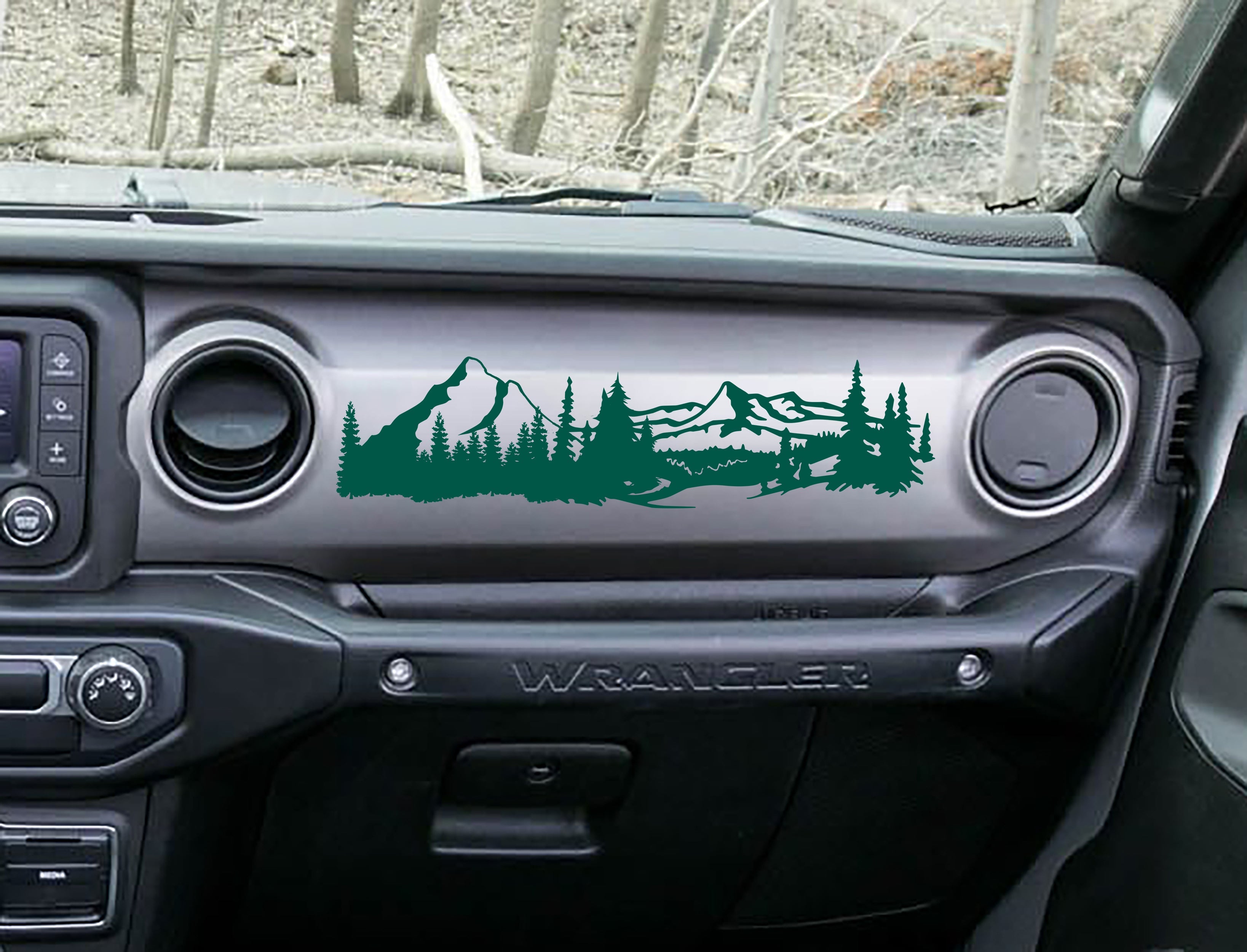 Forest green mountain scene v1 dashboard decal on Jeep JL, peaks pines and stream silhouette