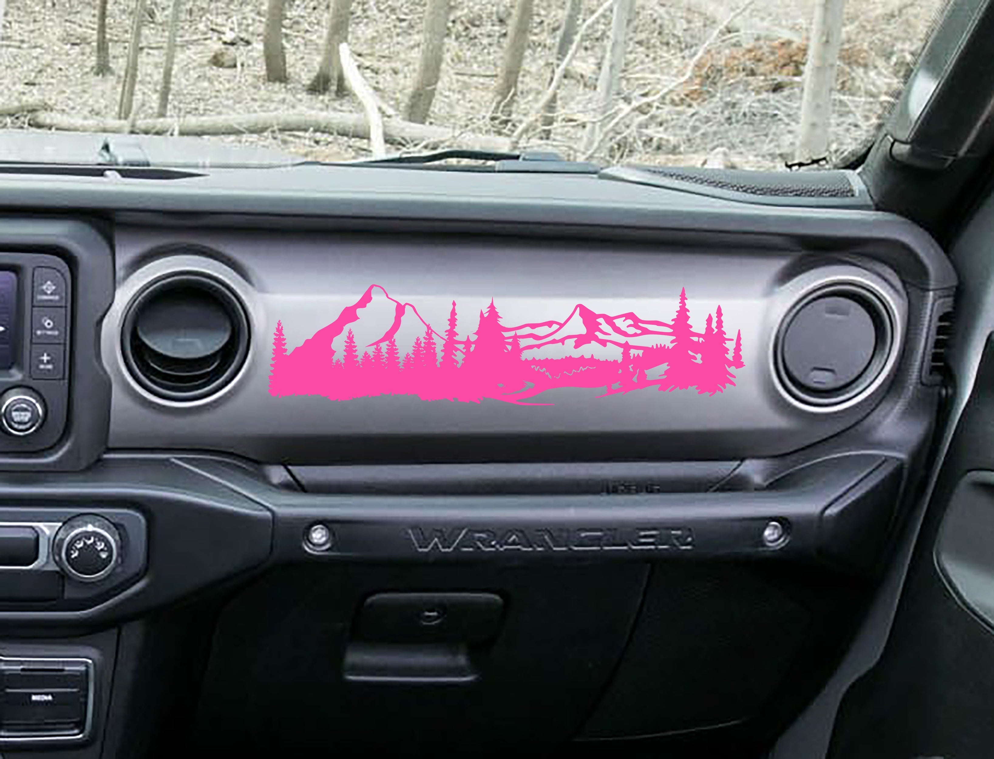 Pink mountain scene v1 dashboard decal on Jeep JL Wrangler, peaks pines and stream silhouette art