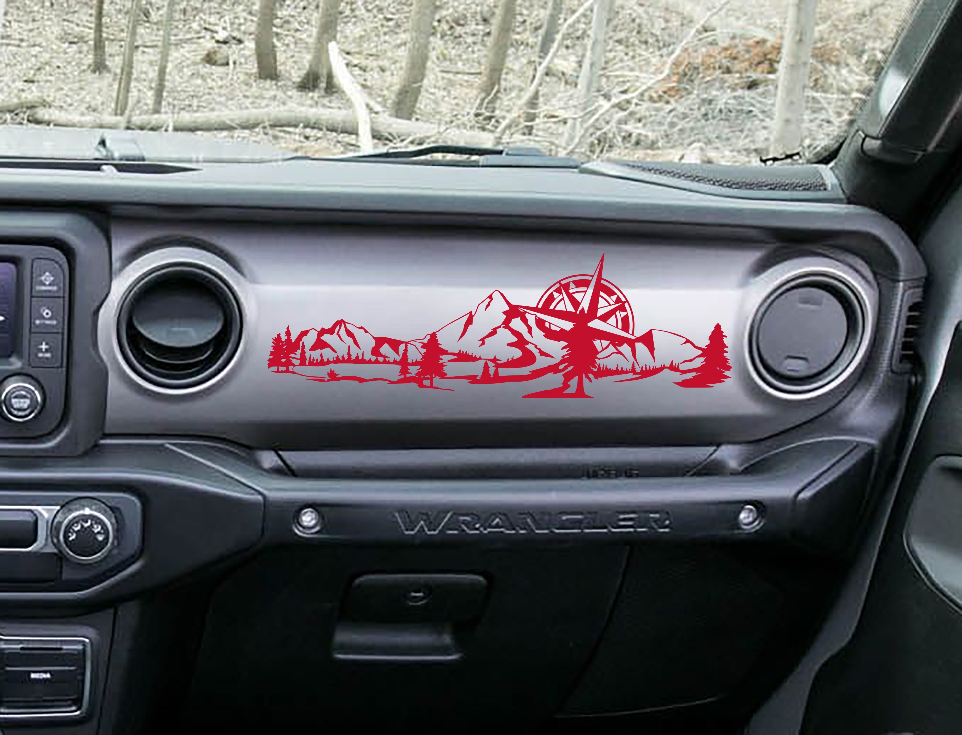Red mountain compass scene dashboard transfer on grey Jeep Wrangler JL dash with pine trees and peaks