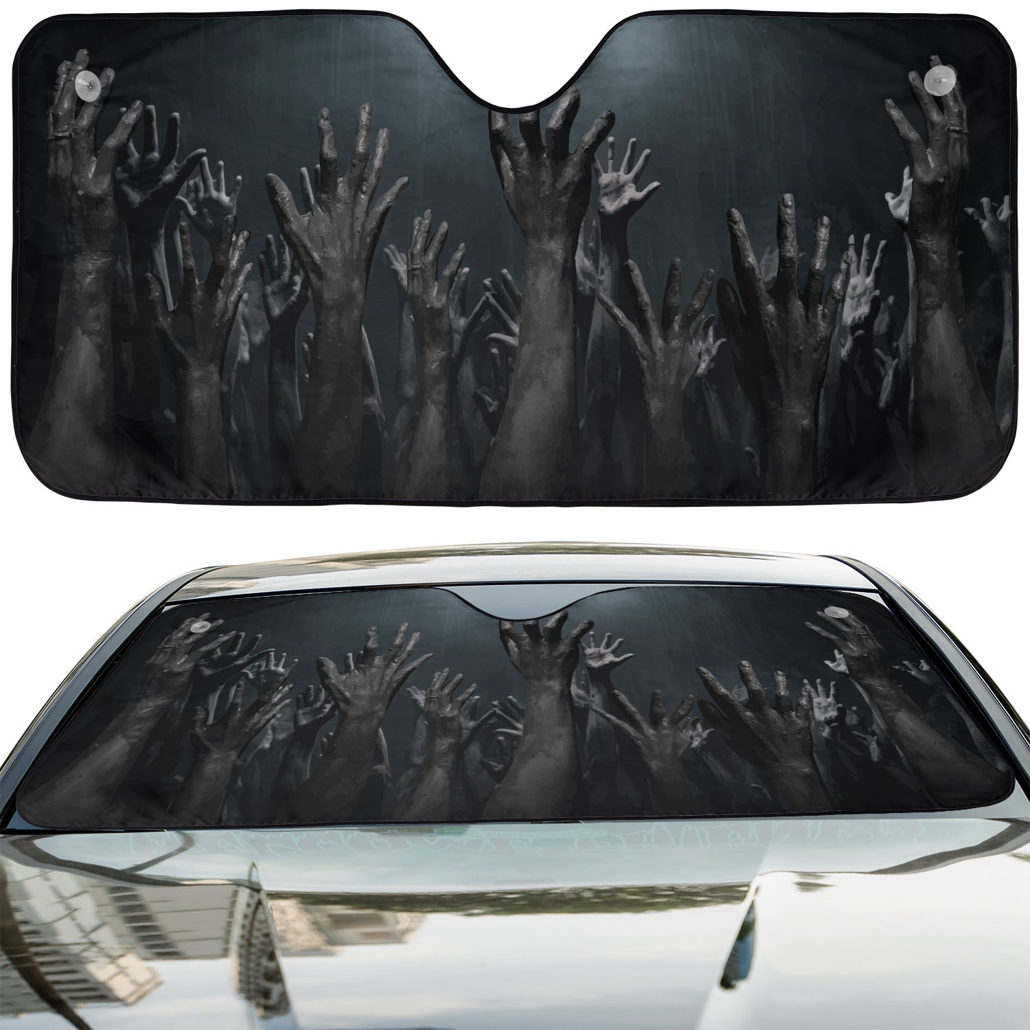 Rise Up Zombie Hands accordion sunshade installed in a sedan windshield on a sunny city street view