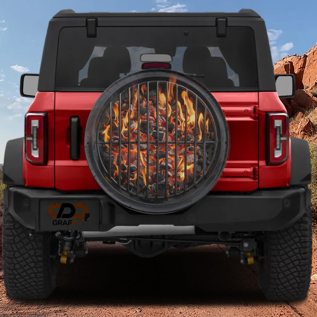 Charcoal grill spare tire cover alternate angle showing full graphic print
