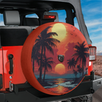 Scarlet sunset palm beach tire cover on red Jeep Wrangler with backup camera hole tropical horizon