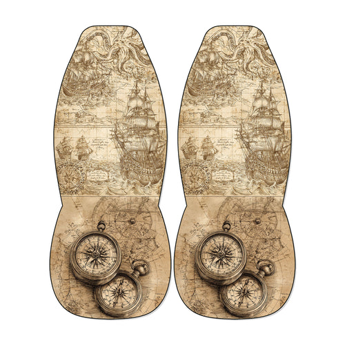 a pair of antique-style maps with intricate designs and illustrations, including ships, maps, and compass roses.