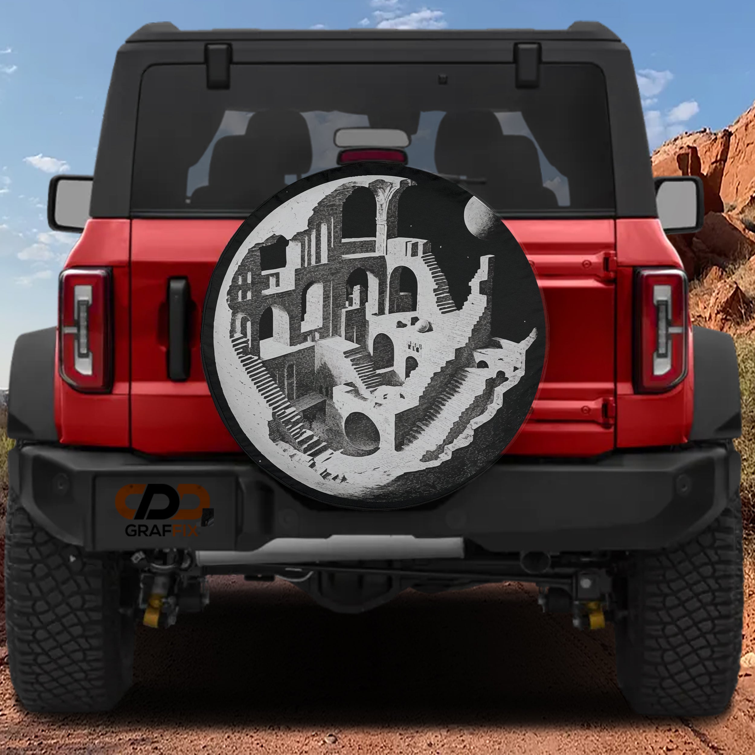 Planetary labyrinth spare tire cover with celestial maze pattern and cosmic planet design