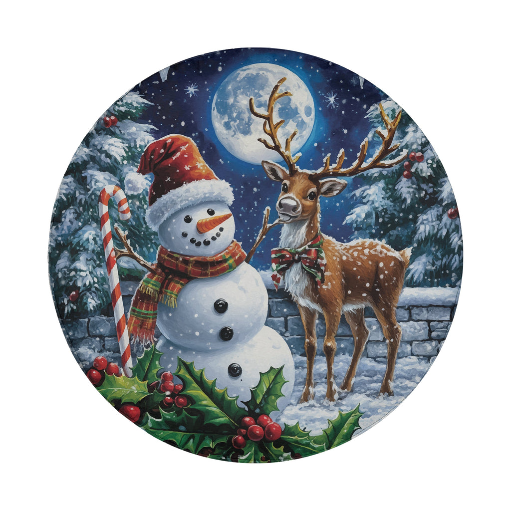 Round spare tire cover art showing a snowman and deer beneath a full moon with holly and berries