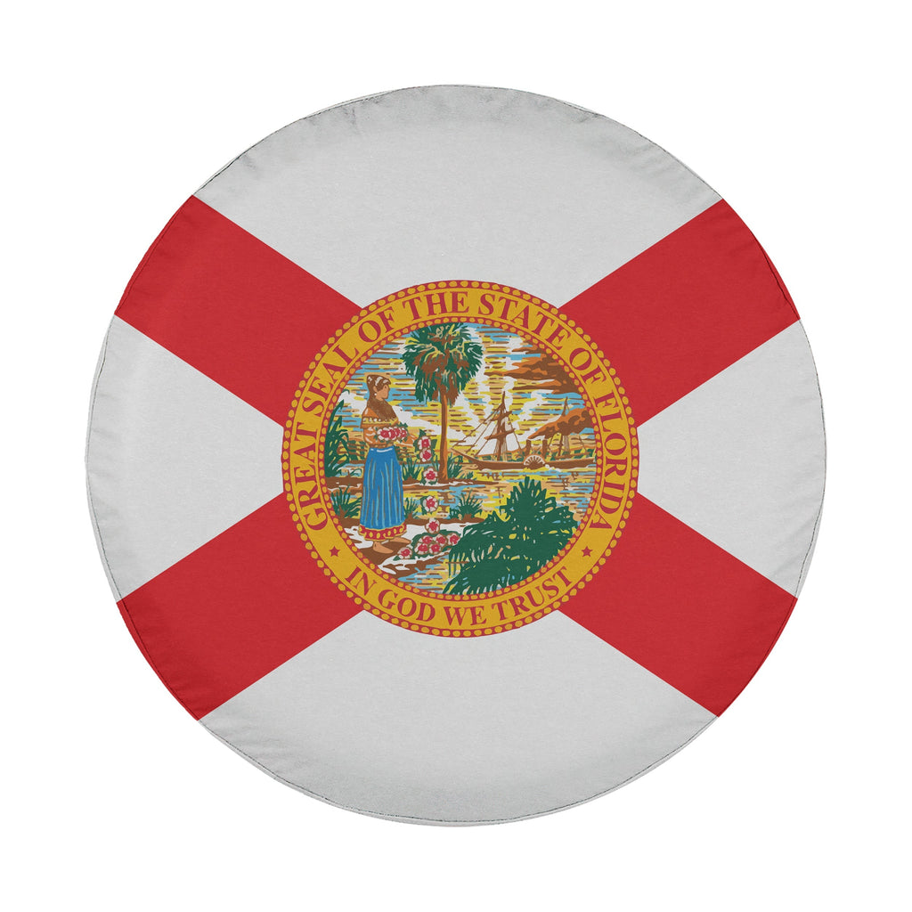 Florida state flag spare tire cover on red Jeep Wrangler with desert backdrop showing red diagonal cross and seal