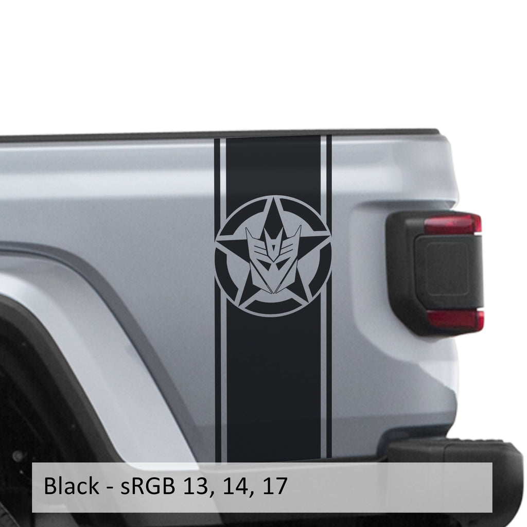 Black Decepticon star bedside stripe decal pair installed on Jeep Wrangler JL pickup bed