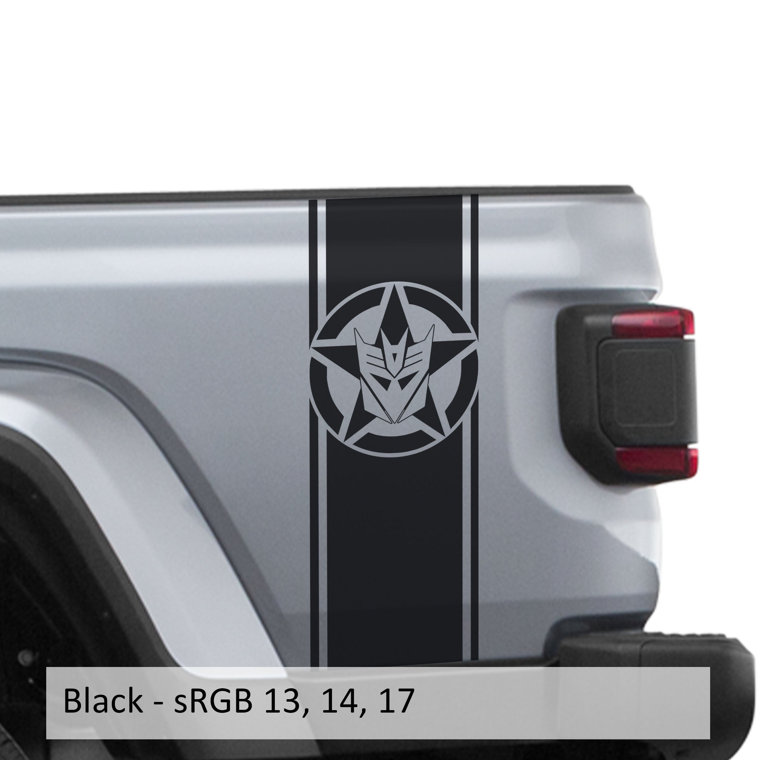 Black Decepticon star bedside stripe decal pair installed on Jeep Wrangler JL pickup bed
