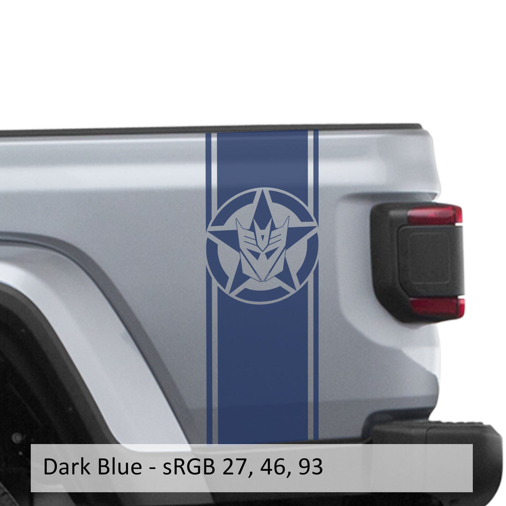Dark blue Decepticon star bedside stripe decal pair on Jeep Wrangler JL pickup bed