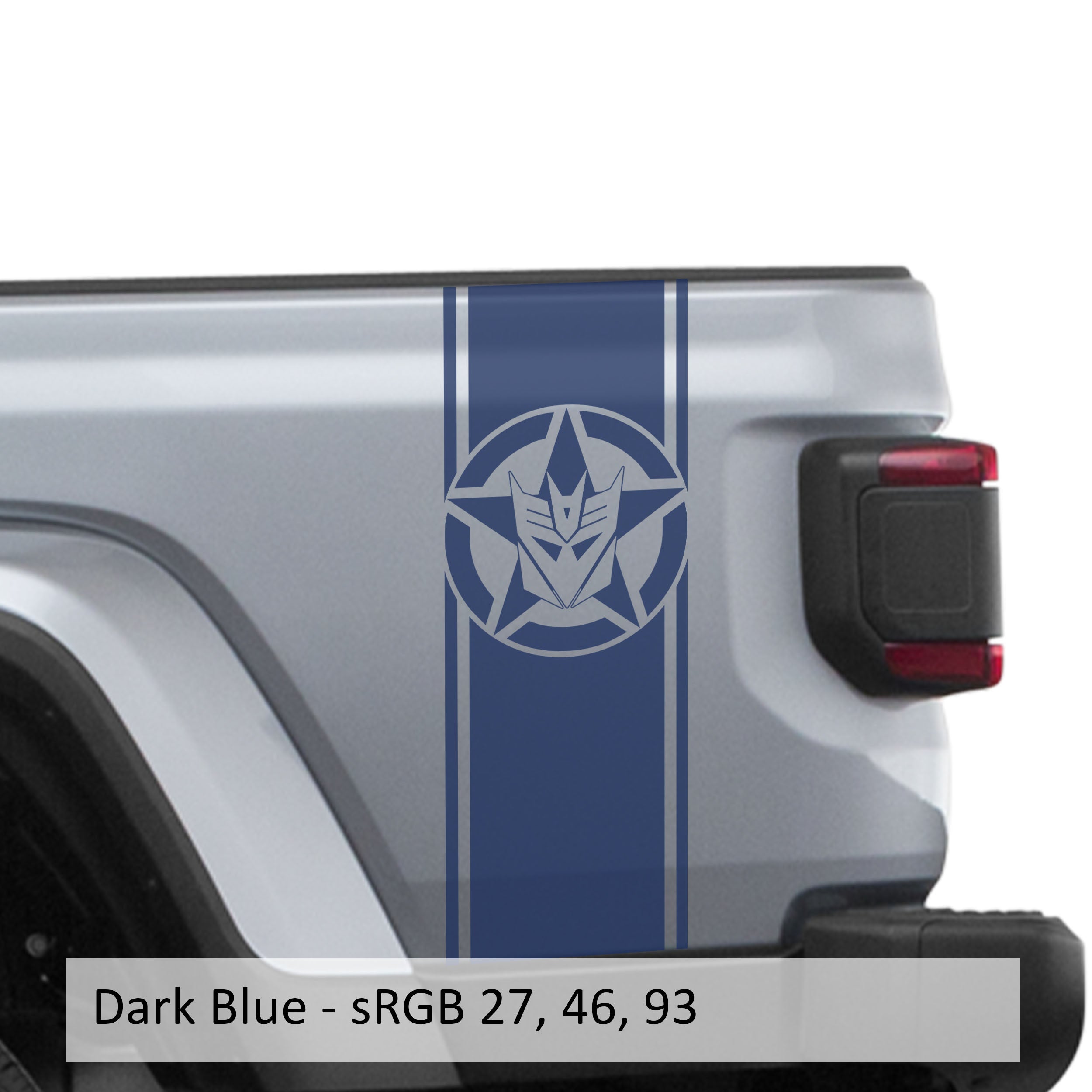 Dark blue Decepticon star bedside stripe decal pair on Jeep Wrangler JL pickup bed