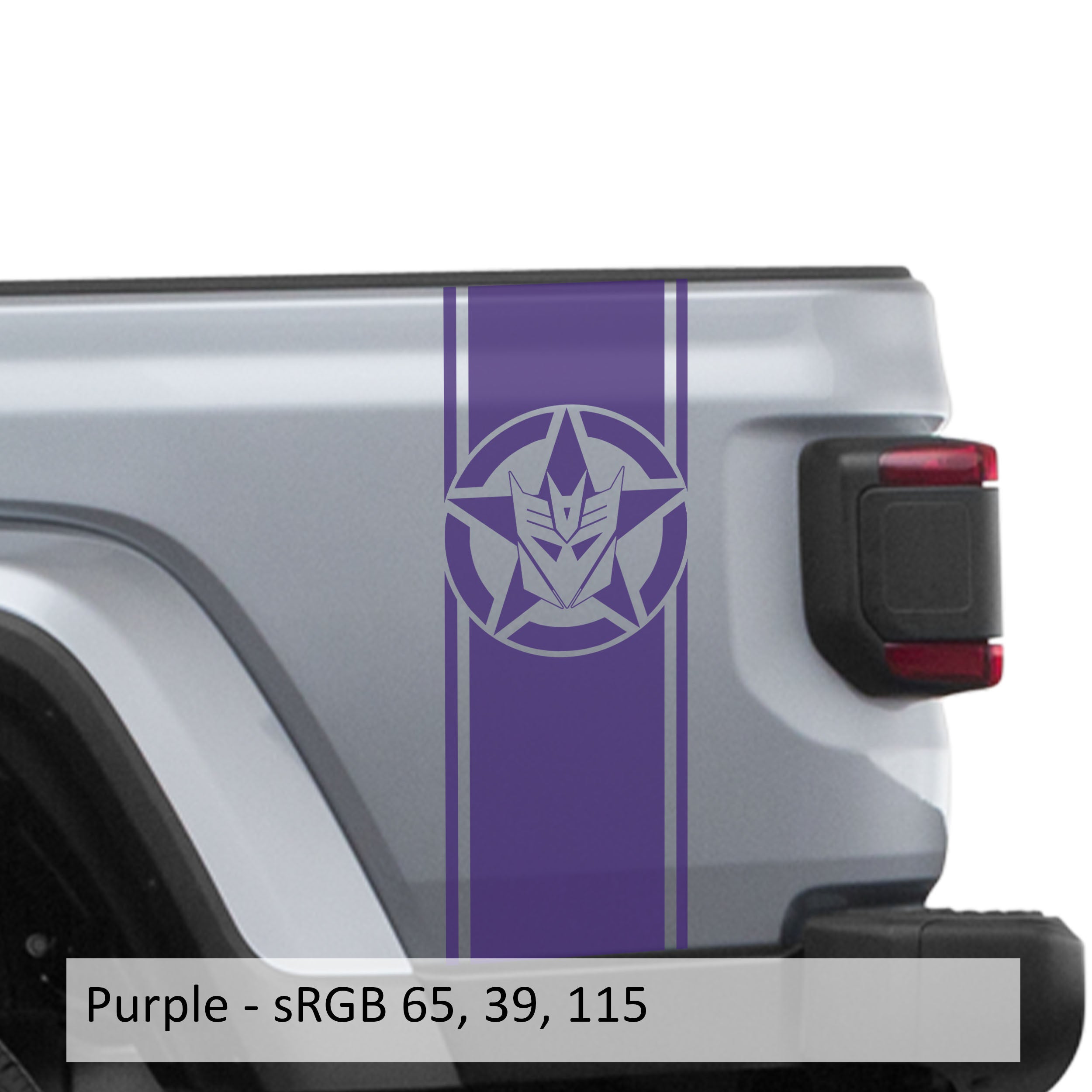 Purple Decepticon star bedside stripe decal pair installed on Jeep Wrangler JL pickup bed