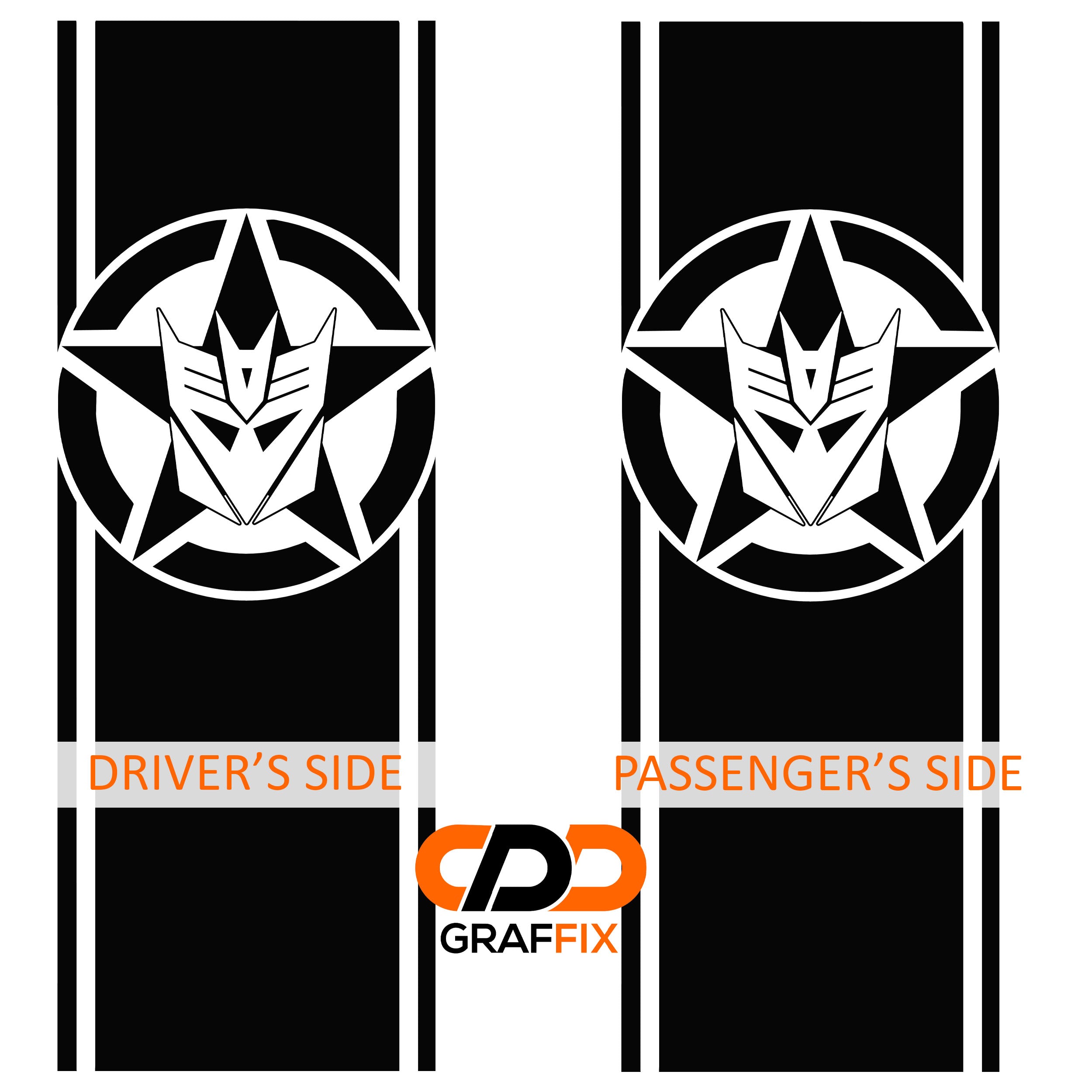 Decepticon star bedside stripe decal pair flat layout with driver and passenger side labels