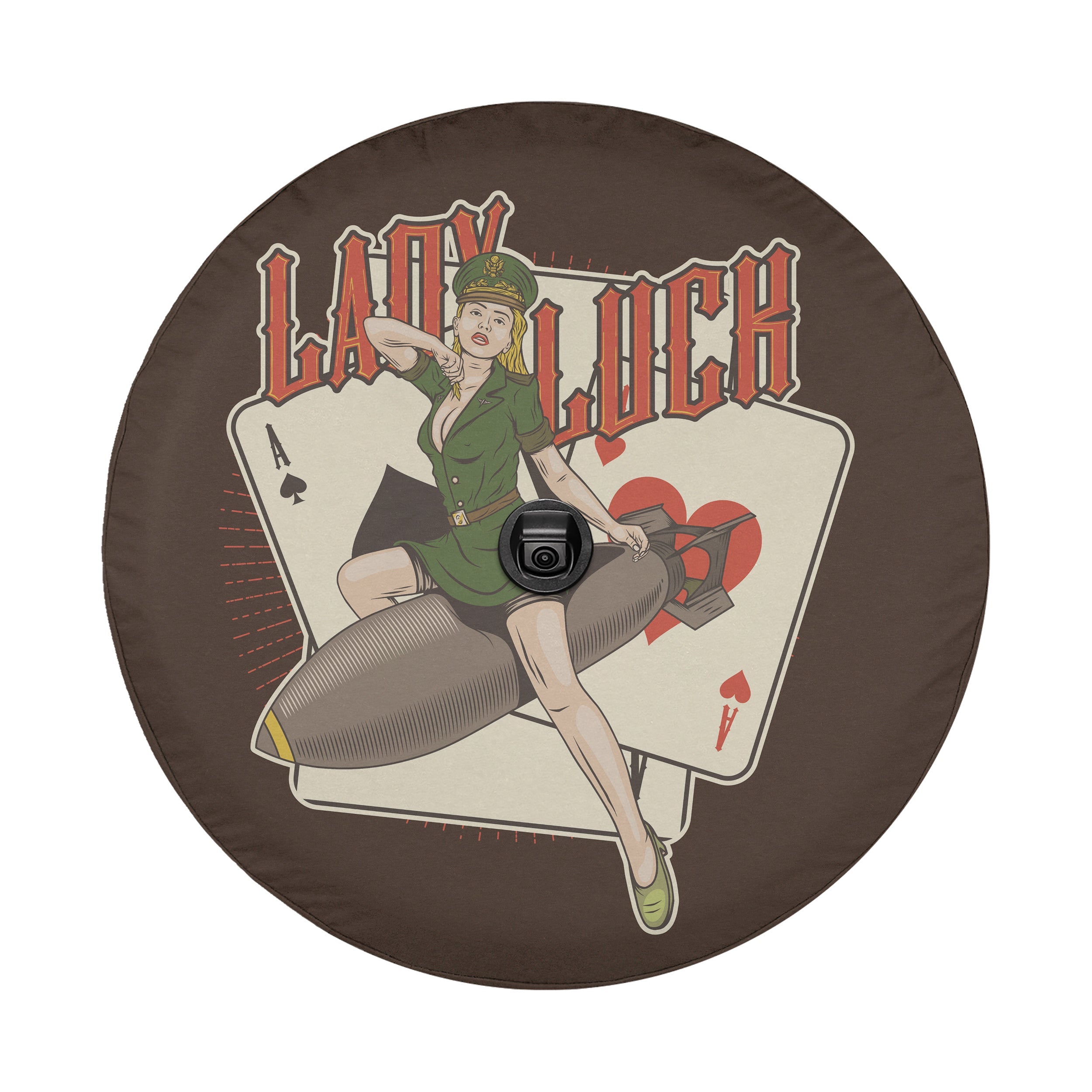 Lady Luck Bombshell spare tire cover flat view of pin-up military bomb design with camera cutout