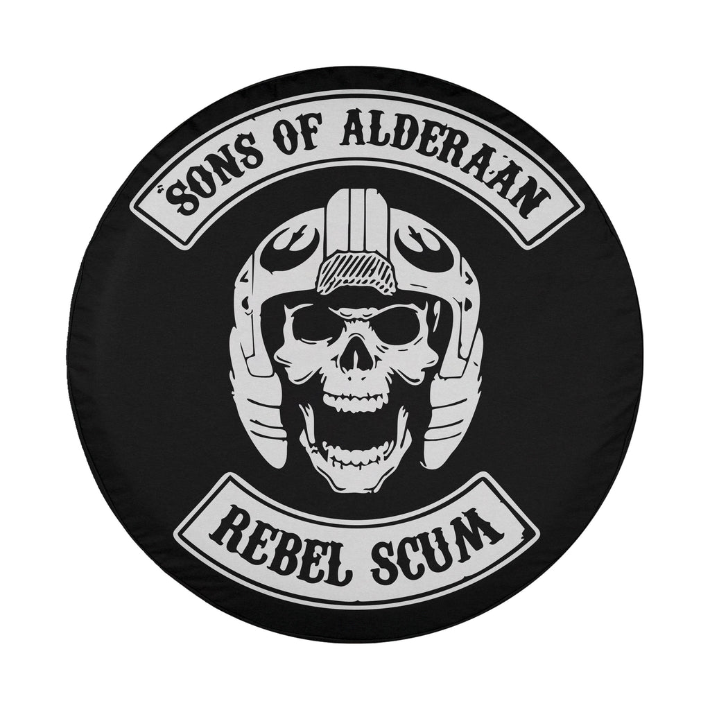 Sons of Alderaan Rebel Scum spare tire cover circular front shot with bold black orange rebel parody graphic