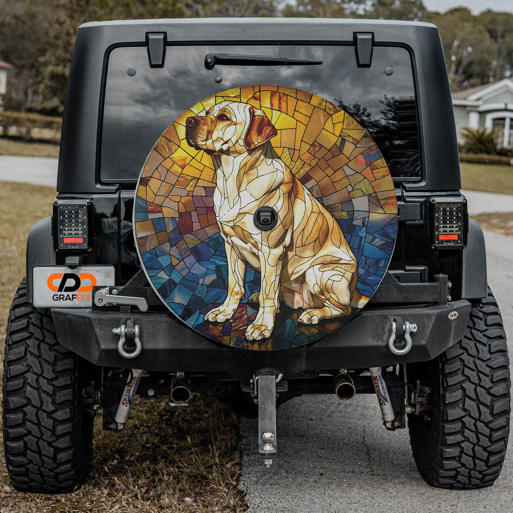 Mosaic Labrador tire cover mounted on black Jeep Wrangler stained glass yellow lab GRAFFIX plate