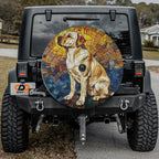 Mosaic Labrador tire cover mounted on black Jeep Wrangler stained glass yellow lab GRAFFIX plate