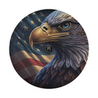 Round flat art of a regal bald eagle with stars and waving American flag for patriotic tire cover