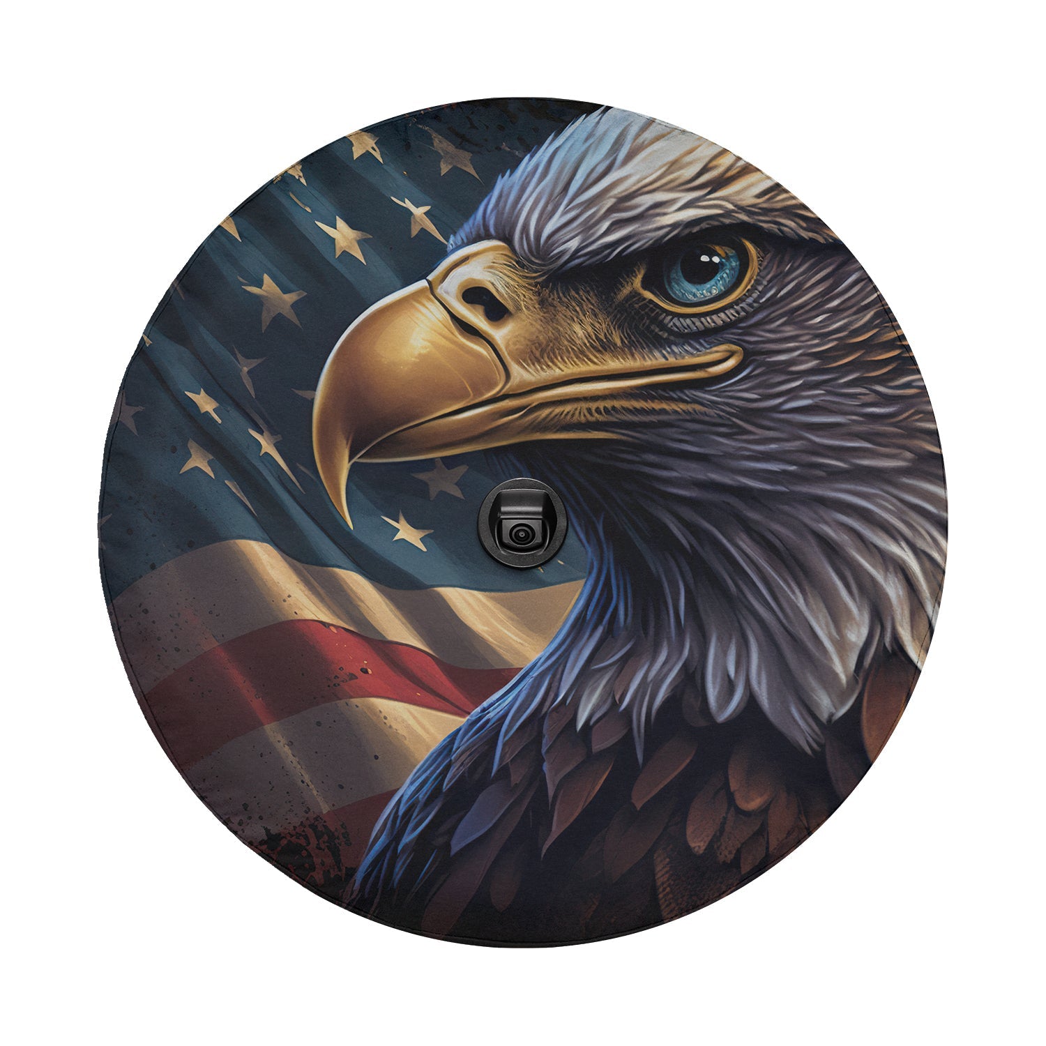 Round flat art of a regal bald eagle with stars and waving American flag for patriotic tire cover