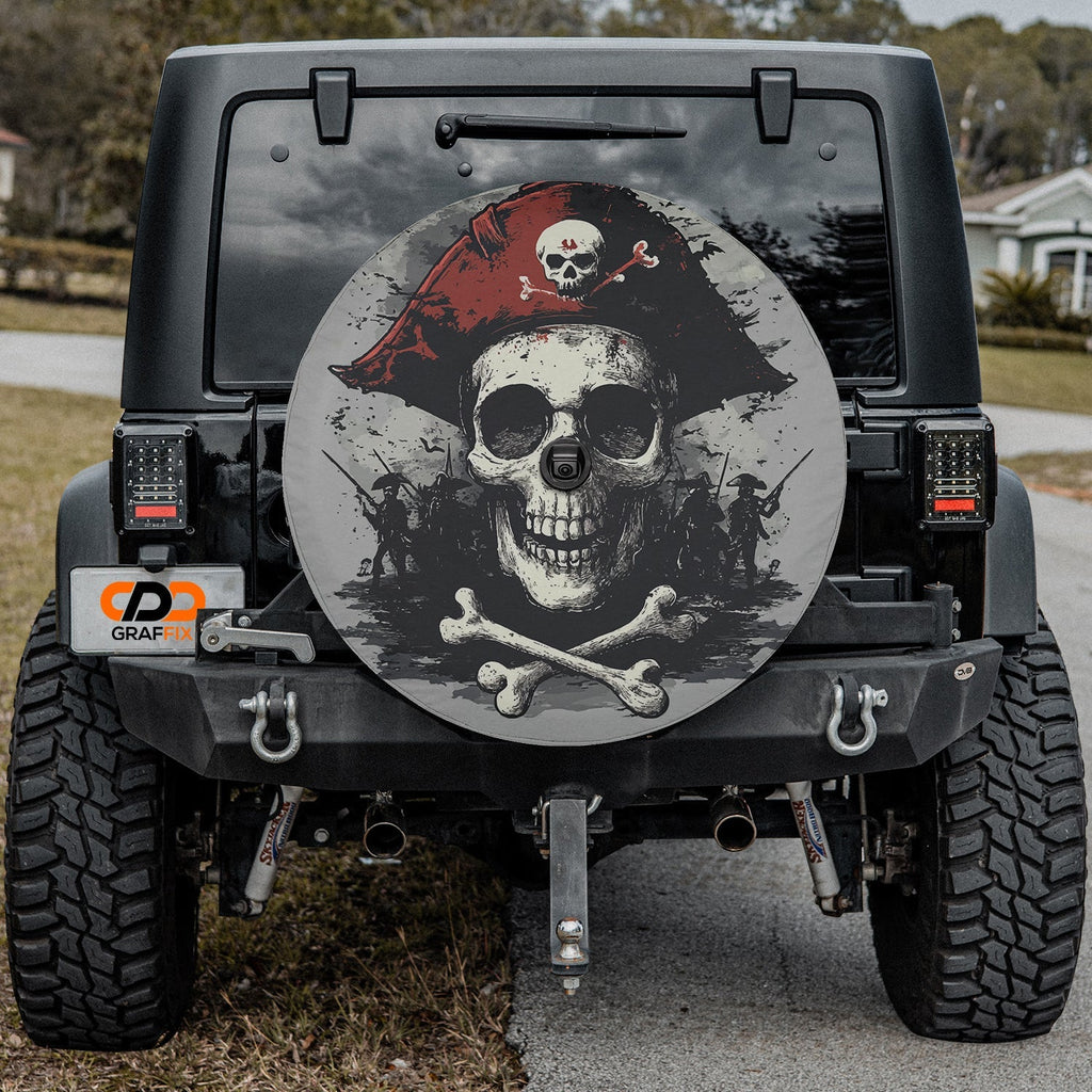 Dread Pirate skull and crossbones tire cover on black Jeep Wrangler rear in residential street view