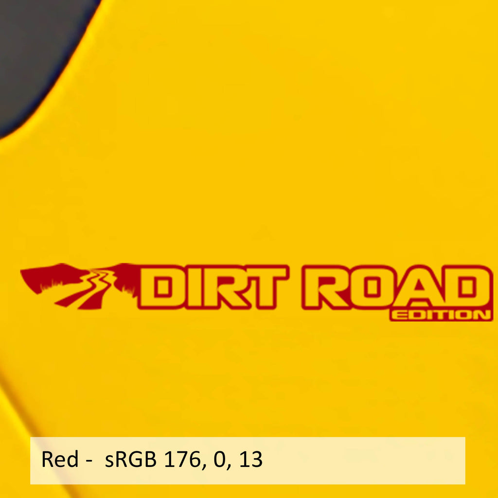 Dirt Road Edition fender decal pair in red vinyl with mountain road graphic and text