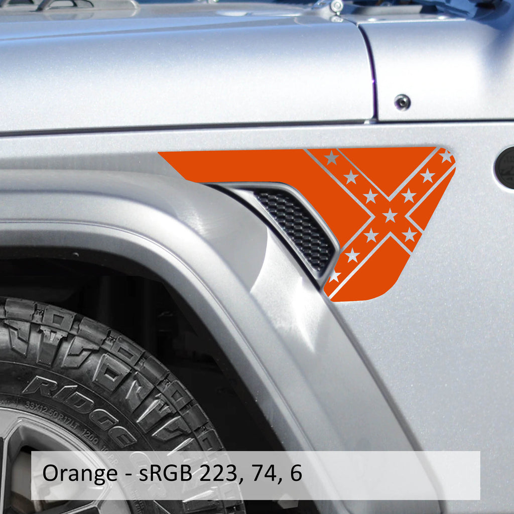 Orange Rebel Dixie blackout fender vent transfer decal pair laid flat showing Confederate flag art
