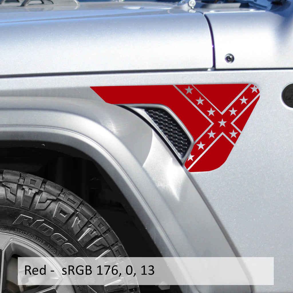 Red Rebel Dixie blackout fender vent transfer decal pair laid flat showing Confederate flag art