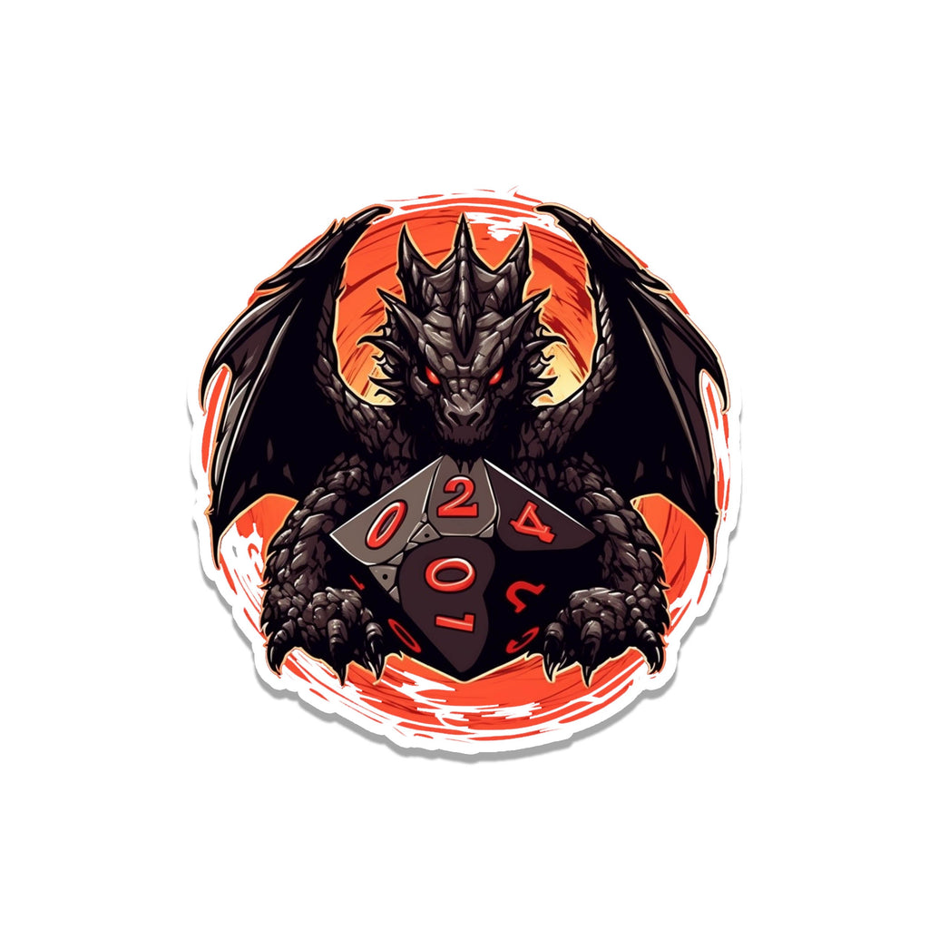Black dragon with glowing red eyes coiled around a large polyhedral D20 over orange flame-burst backdrop