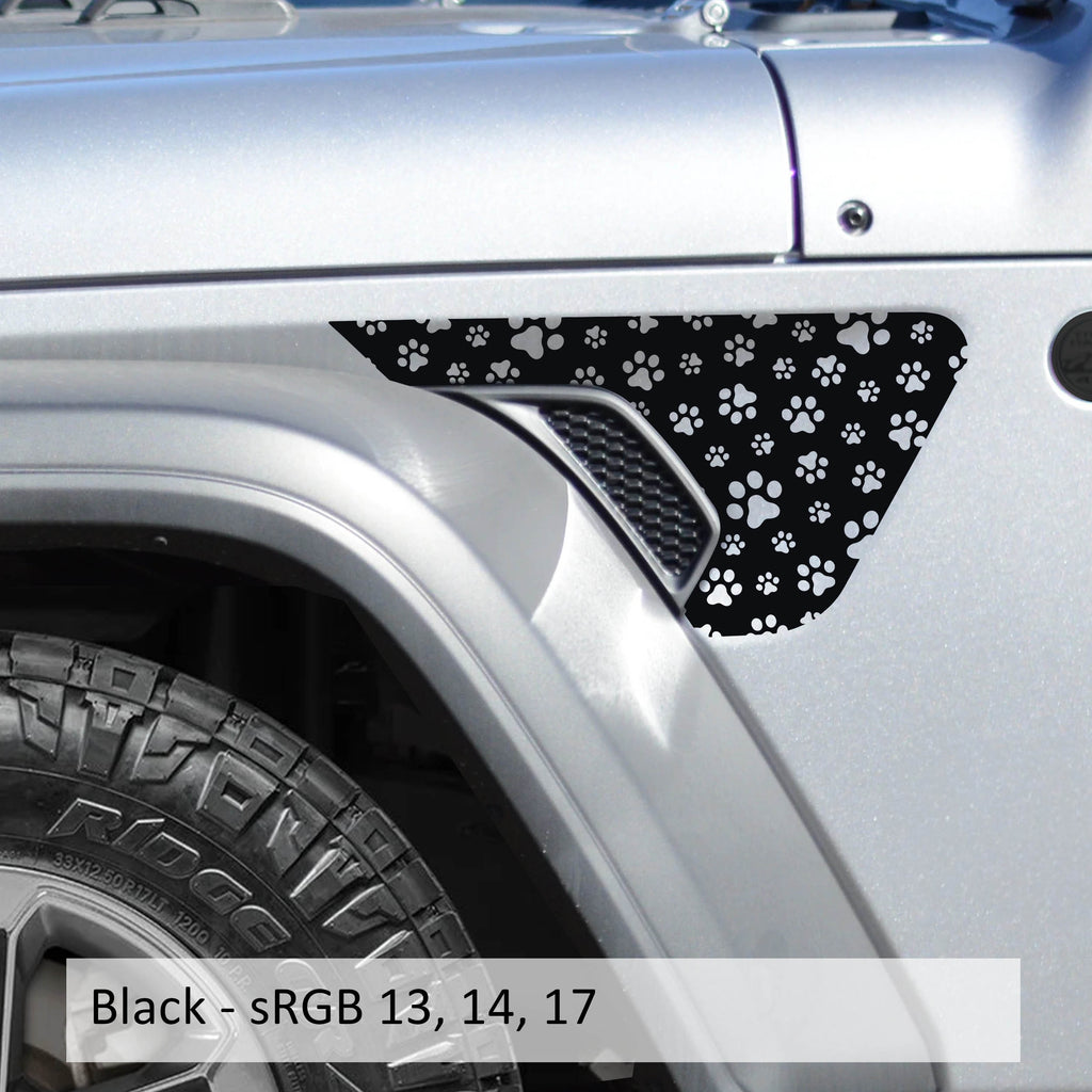 Black puppy paw print pattern fender vent decal kit shown installed on silver Jeep Wrangler JL