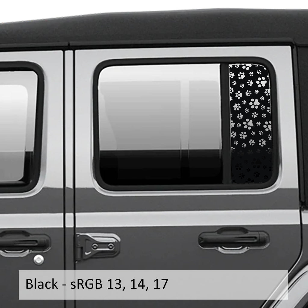 Black dog paw print pattern side rear window decal shown on silver Jeep Wrangler JLU 4-door