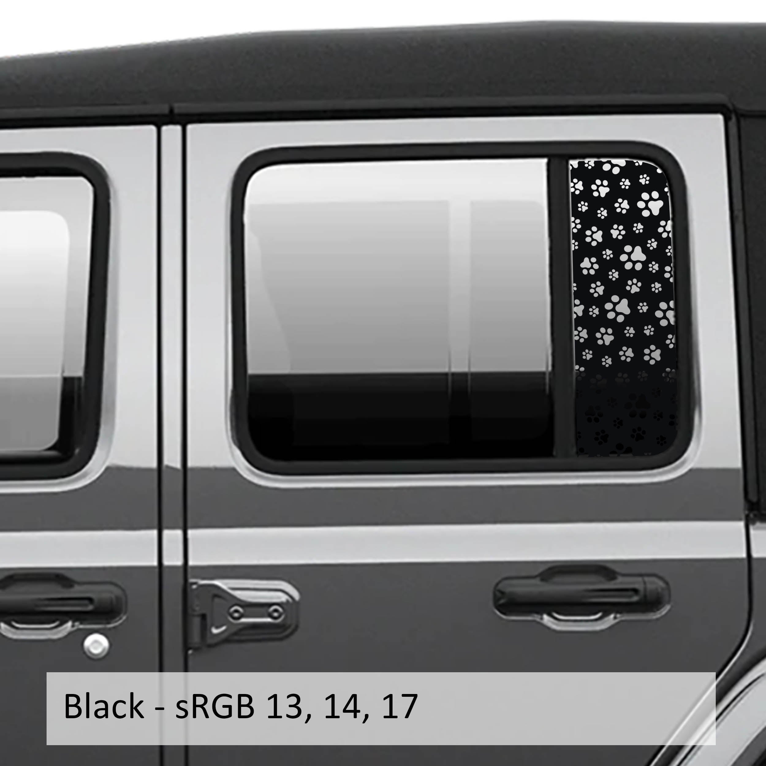 Black dog paw print pattern side rear window decal shown on silver Jeep Wrangler JLU 4-door