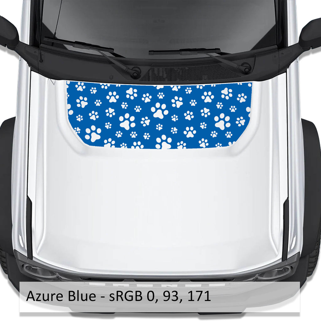Azure blue dog paw print blackout hood decal on Ford Bronco 2021 plus with color code swatch