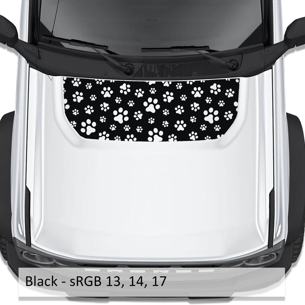 Black dog paw print blackout hood vinyl decal on Ford Bronco 2021 plus with color code swatch