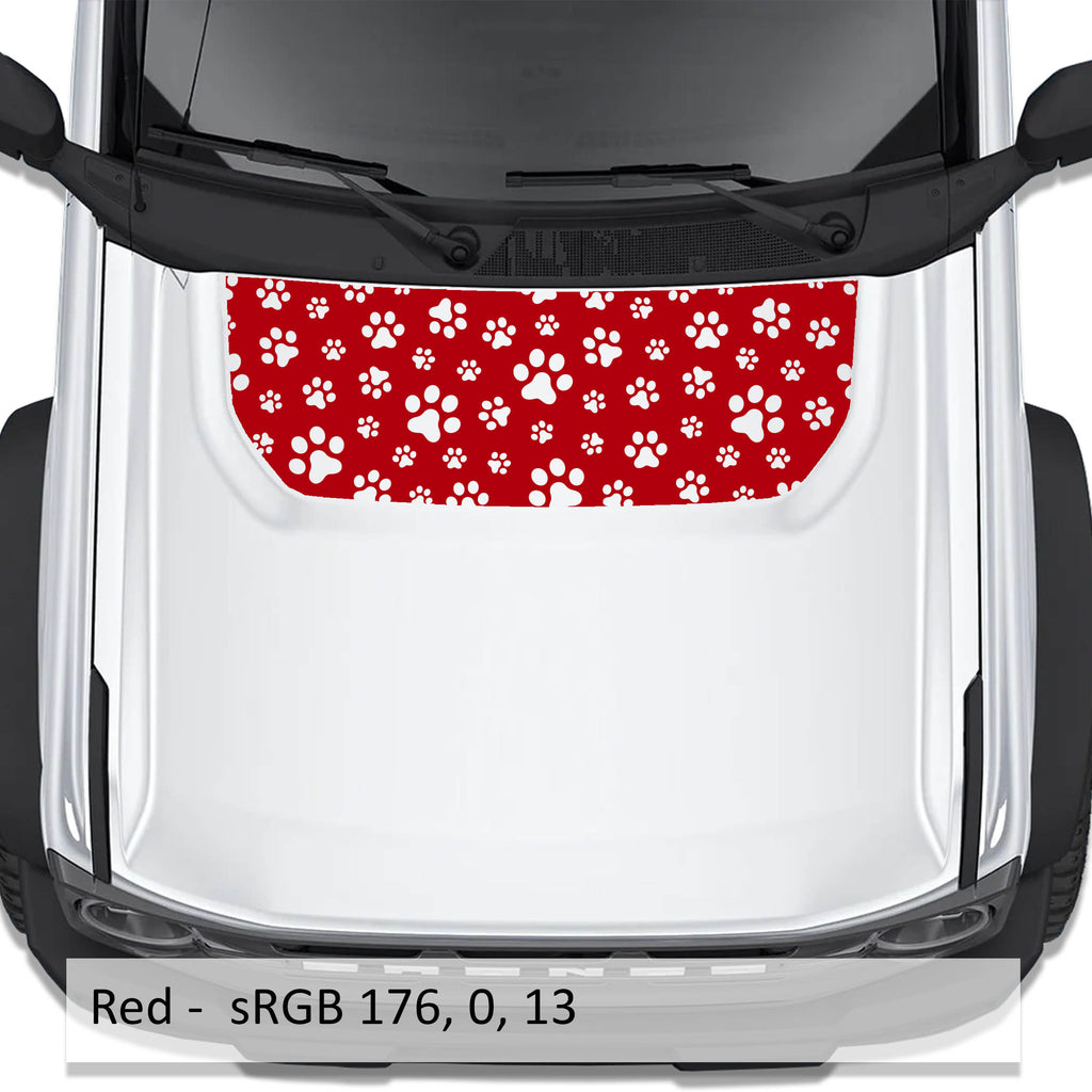 Red dog paw print blackout hood vinyl decal on Ford Bronco 2021 plus with color code swatch