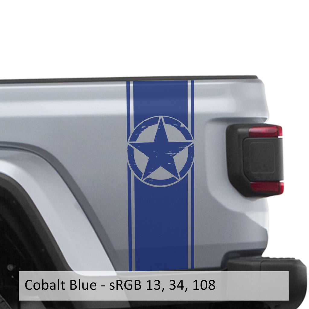 Caribbean blue distressed Alpha Romeo star bedside stripe on Jeep Wrangler JL pickup bed