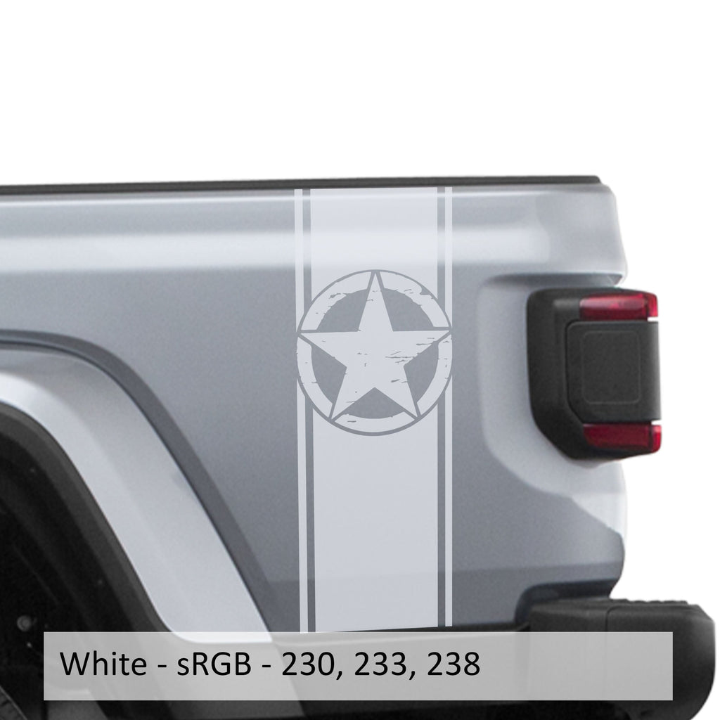 White distressed Alpha Romeo star bedside stripe decal on Jeep Wrangler JL pickup bed
