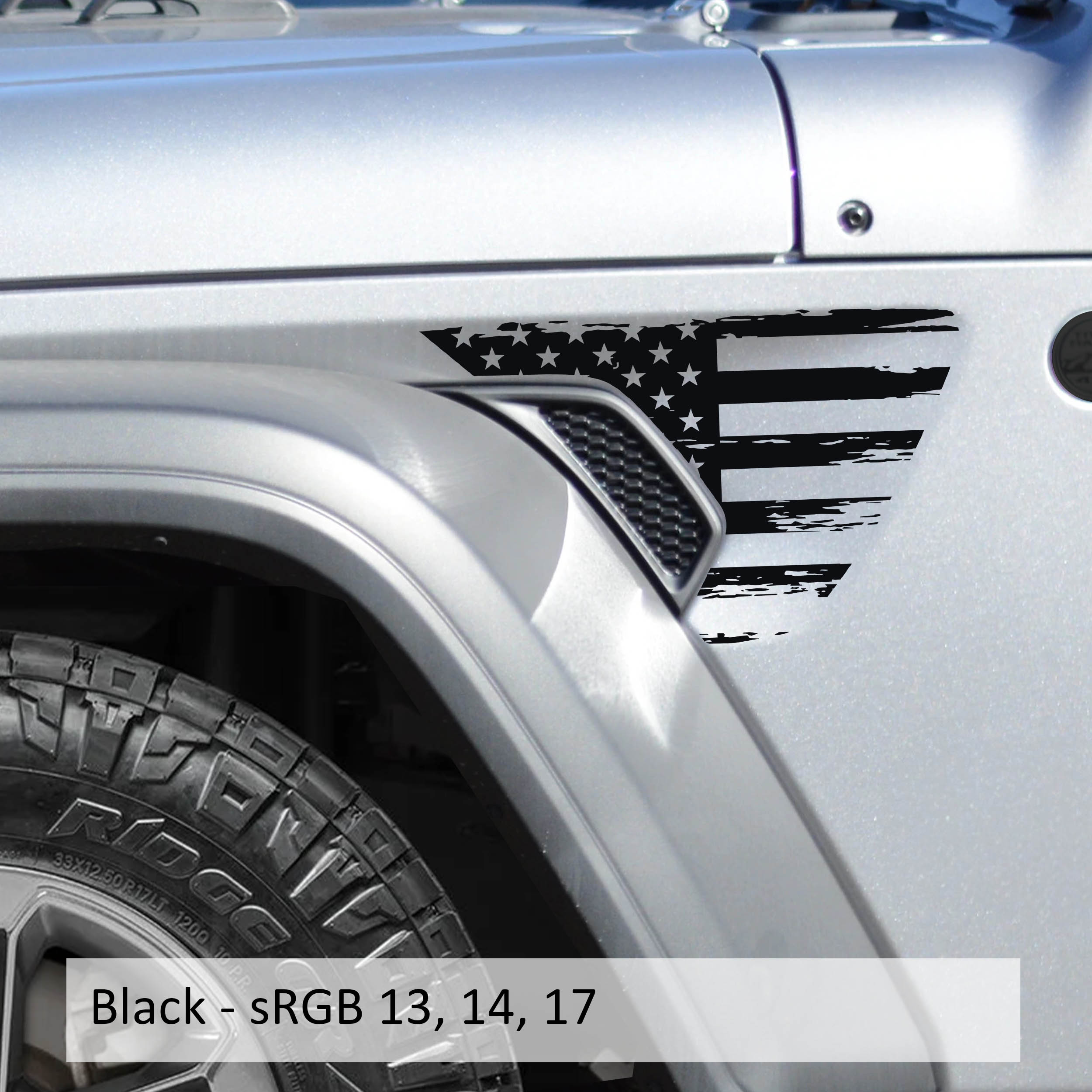 Distressed black American flag fender vent decal pair displayed flat for Jeep Wrangler JL and Gladiator JT